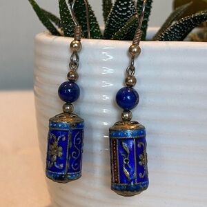 Blue and Gold Cloisonné Dangle Earrings